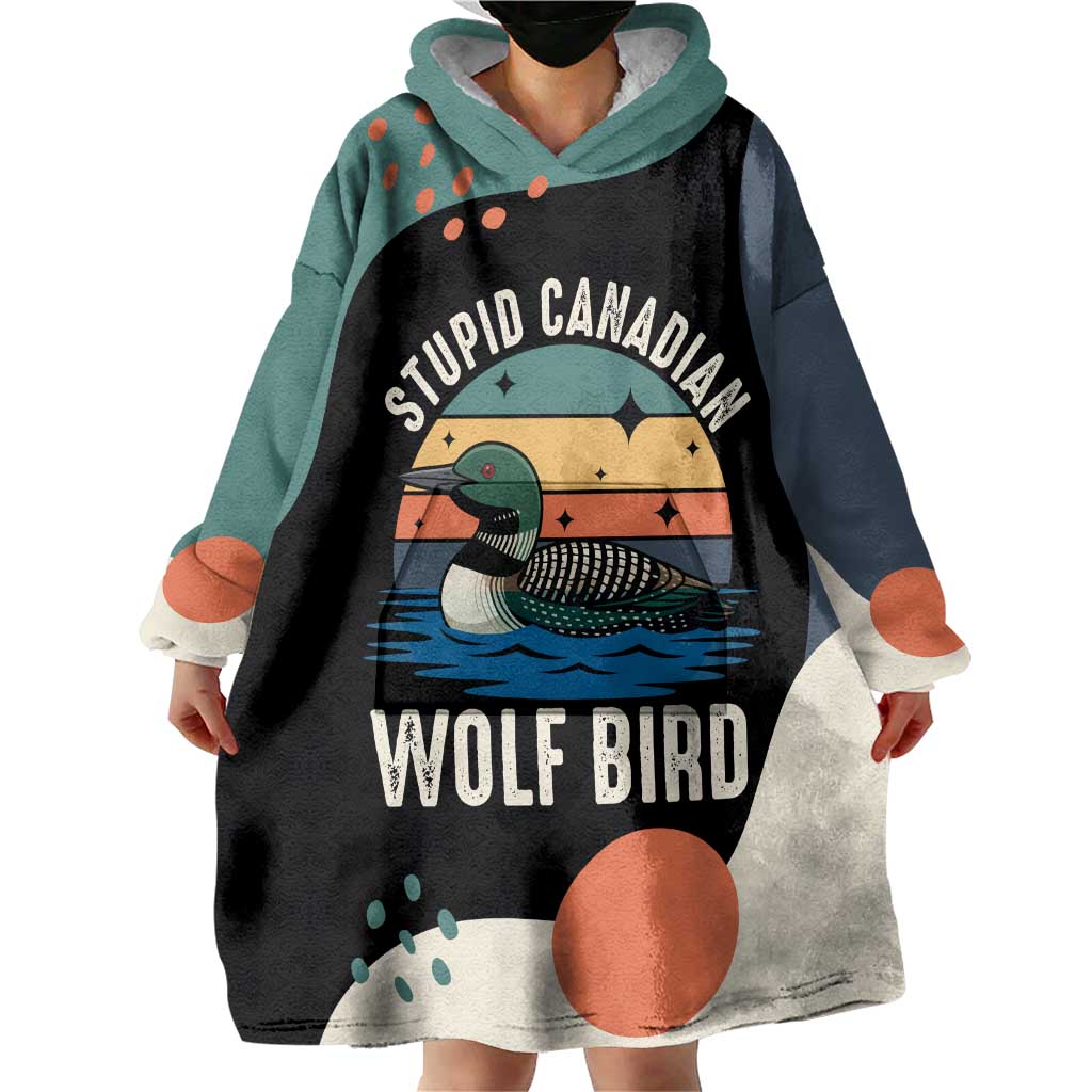 Stupid Canadian Wolf Bird Wearable Blanket Hoodie with Retro Sunset Stripe Pattern