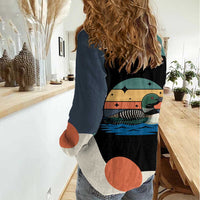 Stupid Canadian Wolf Bird Women Casual Shirt with Retro Sunset Stripe Pattern