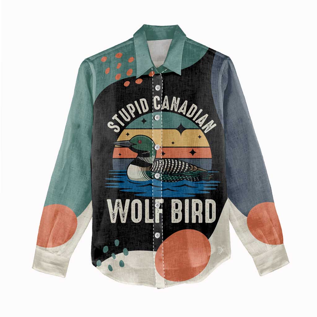 Stupid Canadian Wolf Bird Women Casual Shirt with Retro Sunset Stripe Pattern