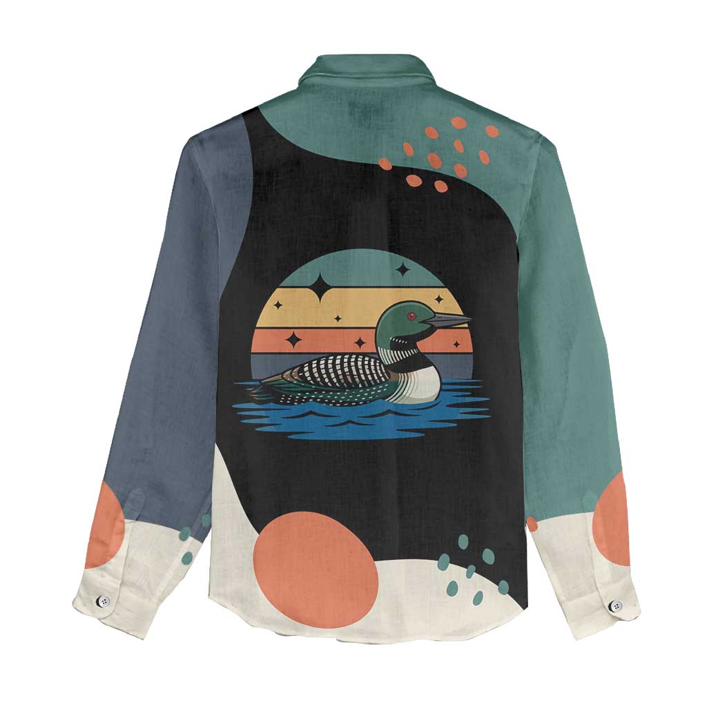 Stupid Canadian Wolf Bird Women Casual Shirt with Retro Sunset Stripe Pattern