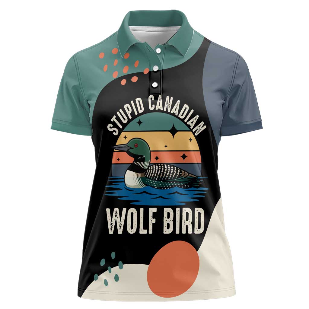 Stupid Canadian Wolf Bird Women Polo Shirt with Retro Sunset Stripe Pattern