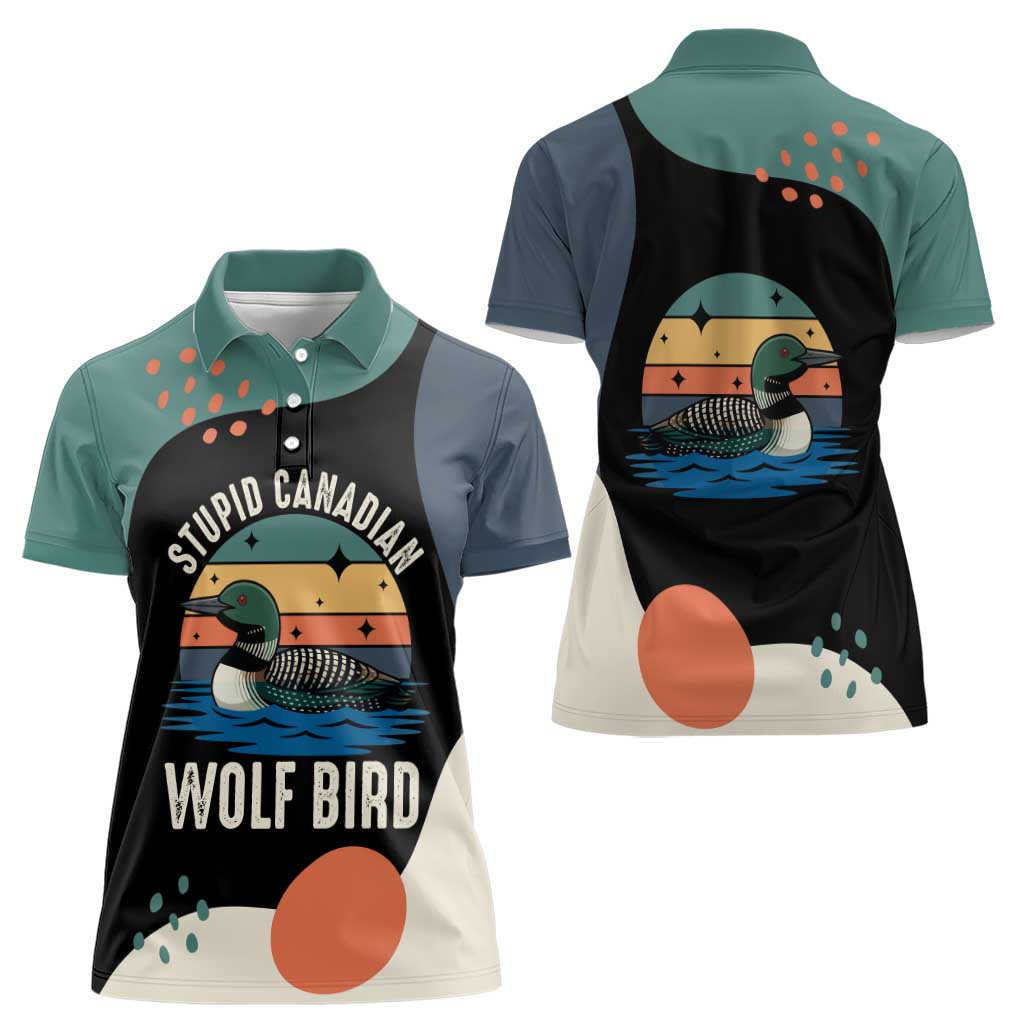 Stupid Canadian Wolf Bird Women Polo Shirt with Retro Sunset Stripe Pattern