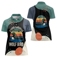 Stupid Canadian Wolf Bird Women Polo Shirt with Retro Sunset Stripe Pattern