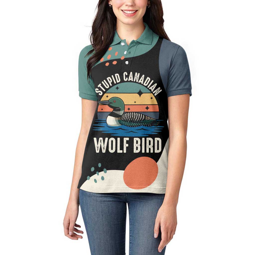 Stupid Canadian Wolf Bird Women Polo Shirt with Retro Sunset Stripe Pattern