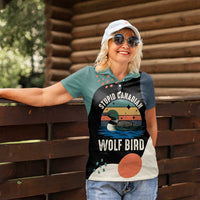 Stupid Canadian Wolf Bird Women Polo Shirt with Retro Sunset Stripe Pattern