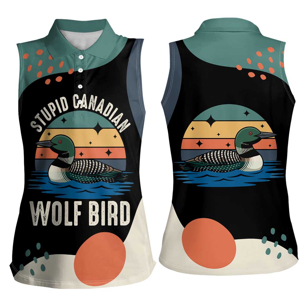 Stupid Canadian Wolf Bird Women Sleeveless Polo Shirt with Retro Sunset Stripe Pattern