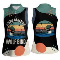 Stupid Canadian Wolf Bird Women Sleeveless Polo Shirt with Retro Sunset Stripe Pattern