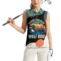 Stupid Canadian Wolf Bird Women Sleeveless Polo Shirt with Retro Sunset Stripe Pattern