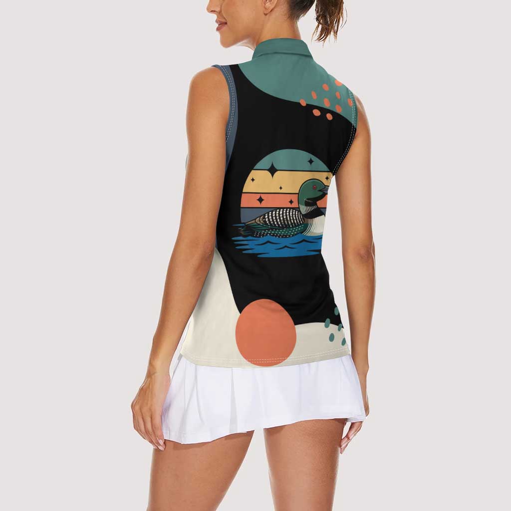 Stupid Canadian Wolf Bird Women Sleeveless Polo Shirt with Retro Sunset Stripe Pattern