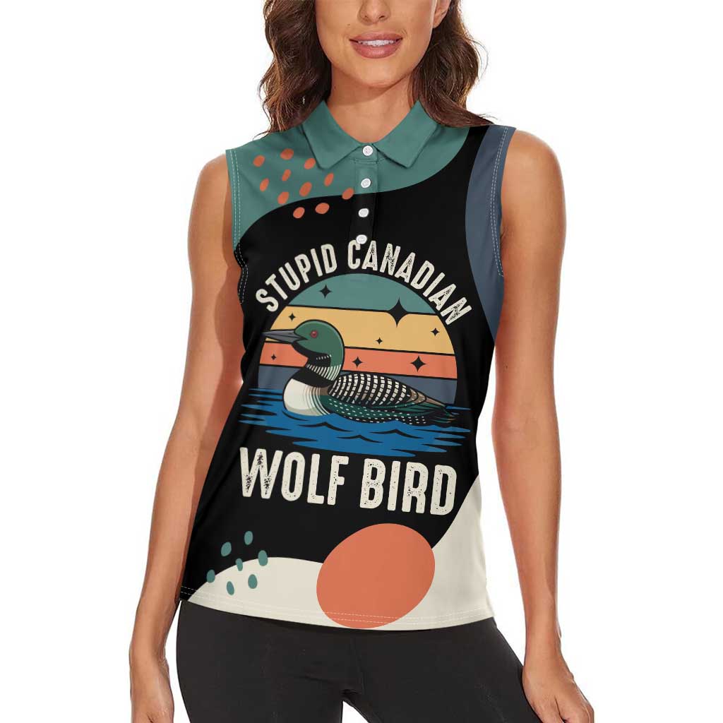 Stupid Canadian Wolf Bird Women Sleeveless Polo Shirt with Retro Sunset Stripe Pattern