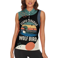 Stupid Canadian Wolf Bird Women Sleeveless Polo Shirt with Retro Sunset Stripe Pattern