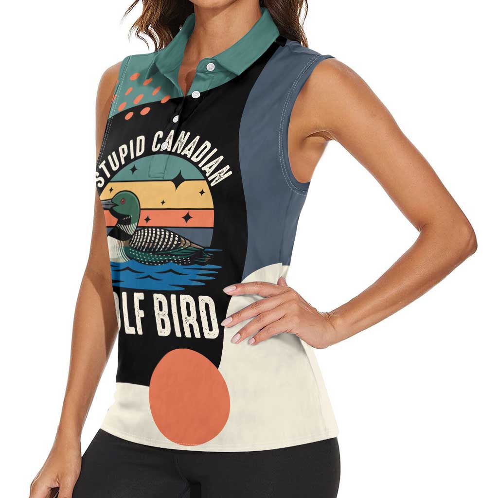 Stupid Canadian Wolf Bird Women Sleeveless Polo Shirt with Retro Sunset Stripe Pattern