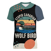 Stupid Canadian Wolf Bird Women V-Neck T-Shirt with Retro Sunset Stripe Pattern