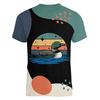 Stupid Canadian Wolf Bird Women V-Neck T-Shirt with Retro Sunset Stripe Pattern