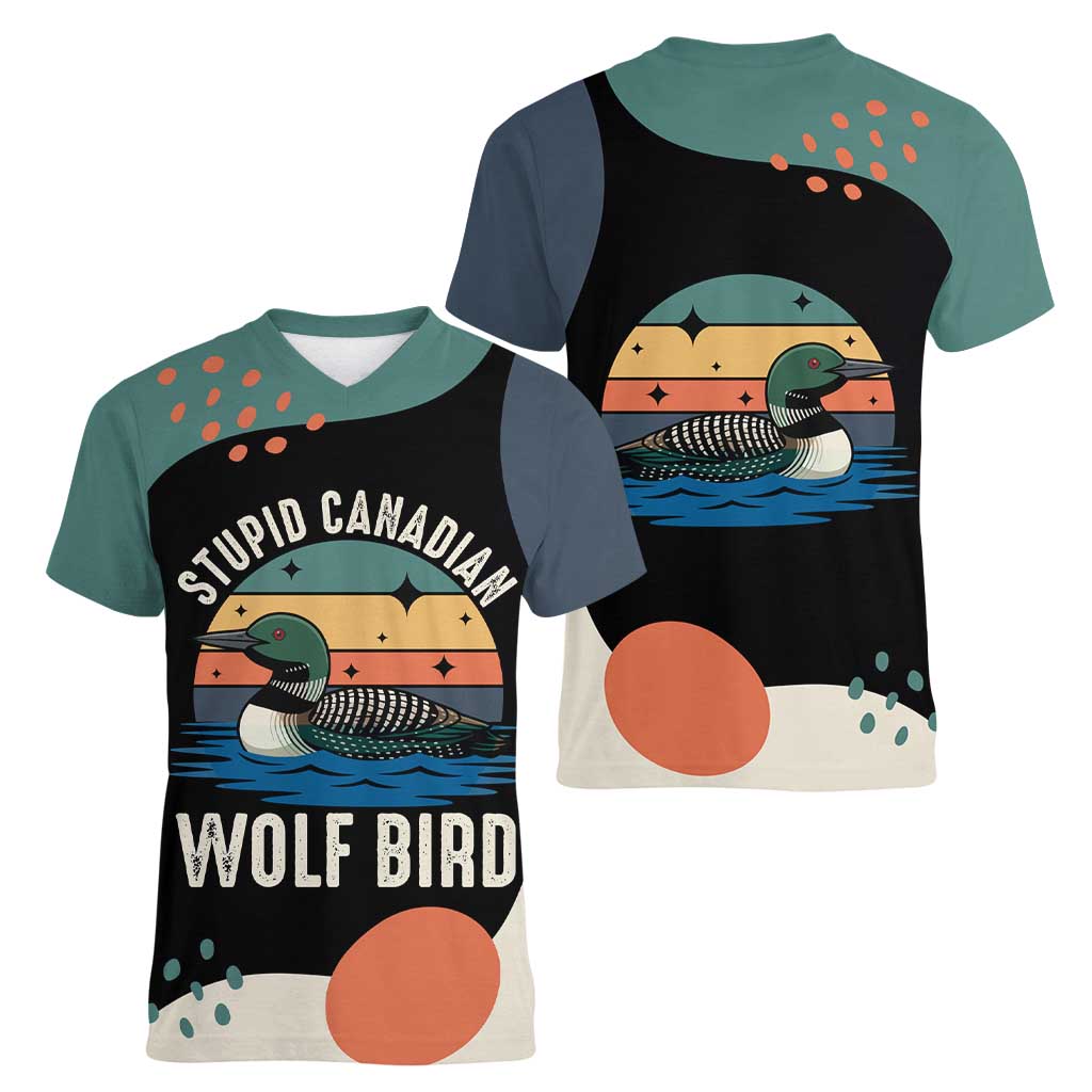 Stupid Canadian Wolf Bird Women V-Neck T-Shirt with Retro Sunset Stripe Pattern