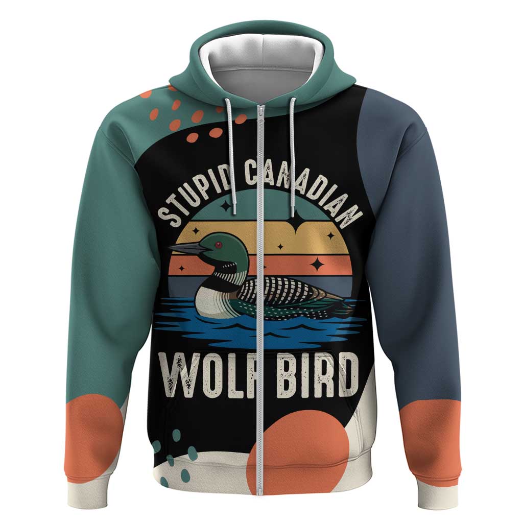 Stupid Canadian Wolf Bird Zip Hoodie with Retro Sunset Stripe Pattern