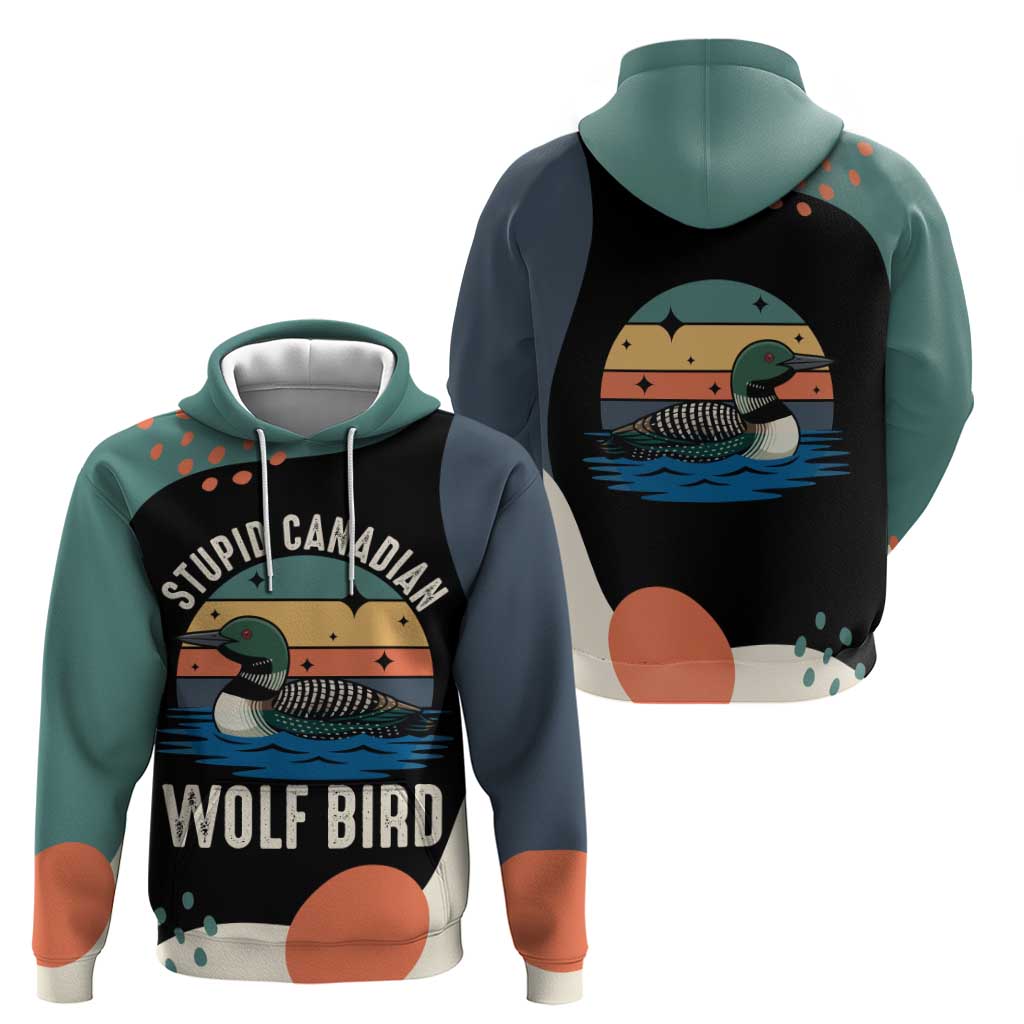 Stupid Canadian Wolf Bird Zip Hoodie with Retro Sunset Stripe Pattern