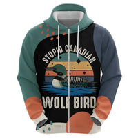 Stupid Canadian Wolf Bird Zip Hoodie with Retro Sunset Stripe Pattern