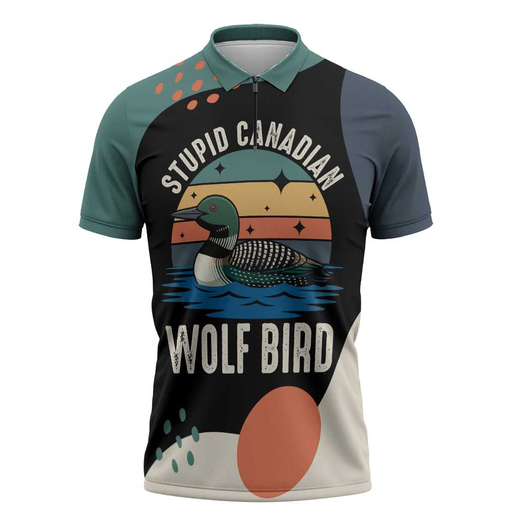 Stupid Canadian Wolf Bird Zipper Polo Shirt with Retro Sunset Stripe Pattern