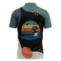 Stupid Canadian Wolf Bird Zipper Polo Shirt with Retro Sunset Stripe Pattern