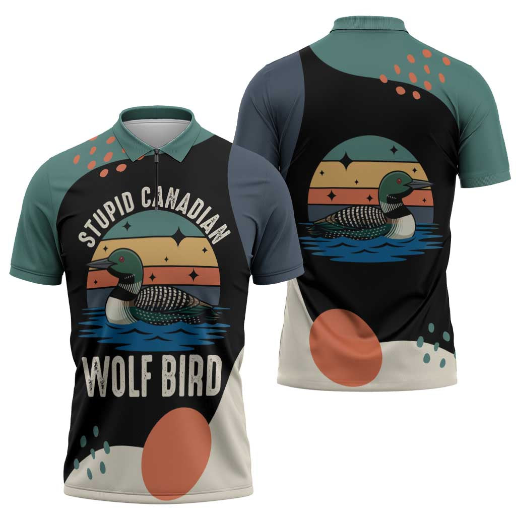 Stupid Canadian Wolf Bird Zipper Polo Shirt with Retro Sunset Stripe Pattern