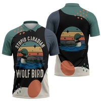 Stupid Canadian Wolf Bird Zipper Polo Shirt with Retro Sunset Stripe Pattern