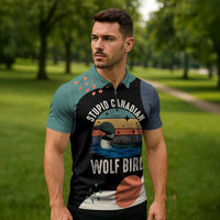 Stupid Canadian Wolf Bird Zipper Polo Shirt with Retro Sunset Stripe Pattern