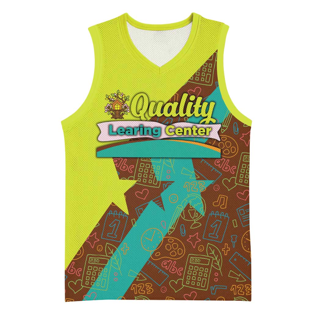 Quality Learning Center Basketball Jersey with School Supply Doodle Pattern