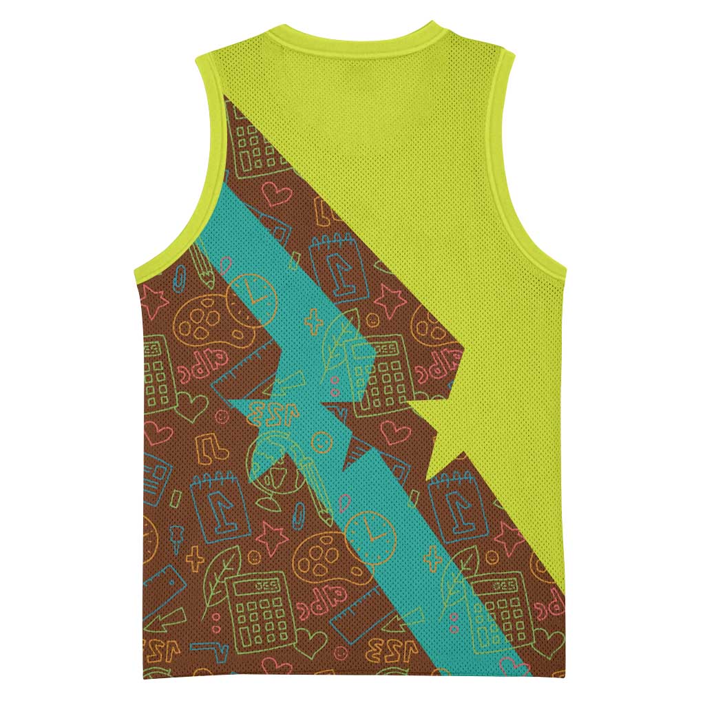 Quality Learning Center Basketball Jersey with School Supply Doodle Pattern