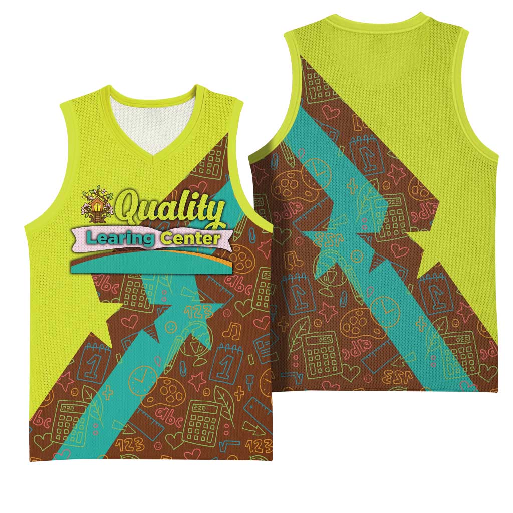Quality Learning Center Basketball Jersey with School Supply Doodle Pattern