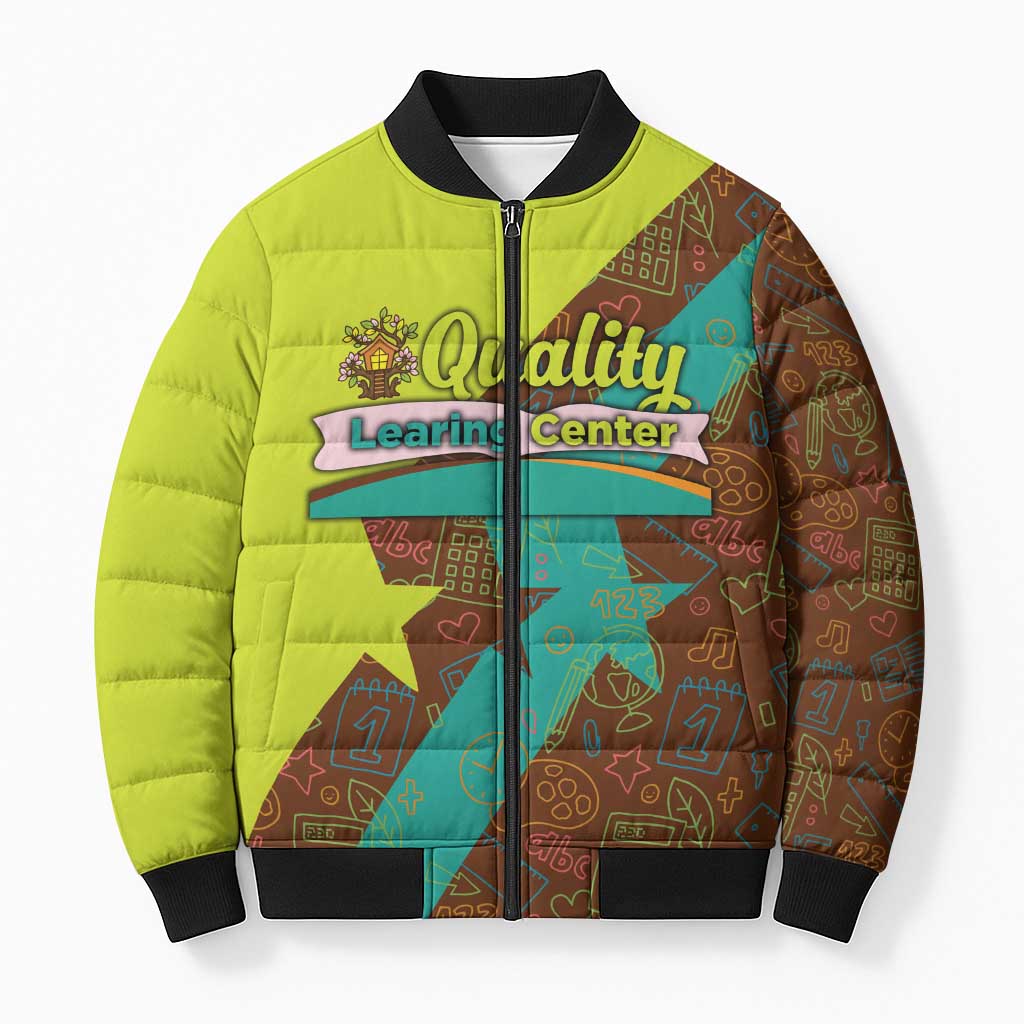 Quality Learning Center Bomber Puffer Jacket with School Supply Doodle Pattern