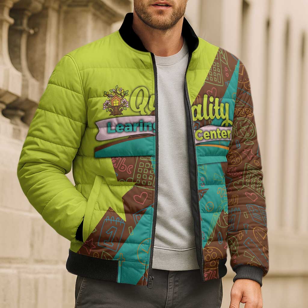 Quality Learning Center Bomber Puffer Jacket with School Supply Doodle Pattern