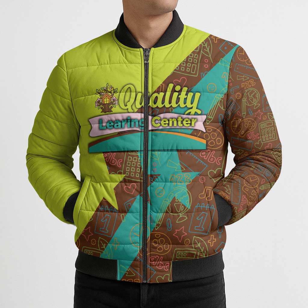 Quality Learning Center Bomber Puffer Jacket with School Supply Doodle Pattern