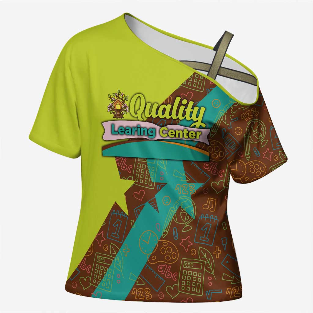 Quality Learning Center Cross Shoulder Shirt with School Supply Doodle Pattern