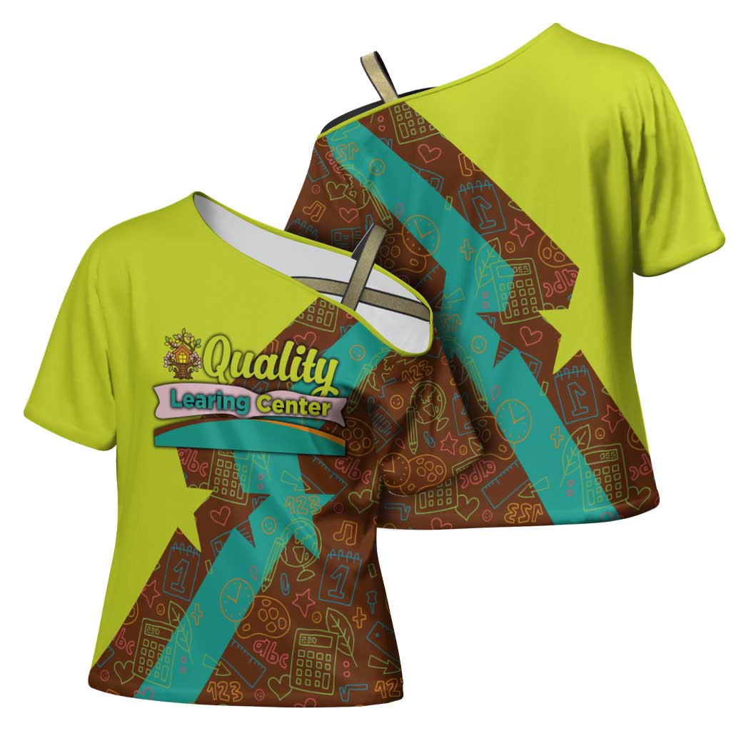Quality Learning Center Cross Shoulder Shirt with School Supply Doodle Pattern