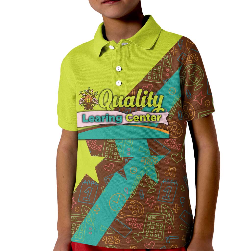 Quality Learning Center Kid Polo Shirt with School Supply Doodle Pattern