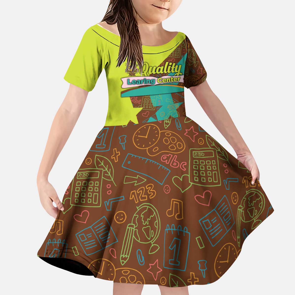 Quality Learning Center Kid Short Sleeve Dress with School Supply Doodle Pattern