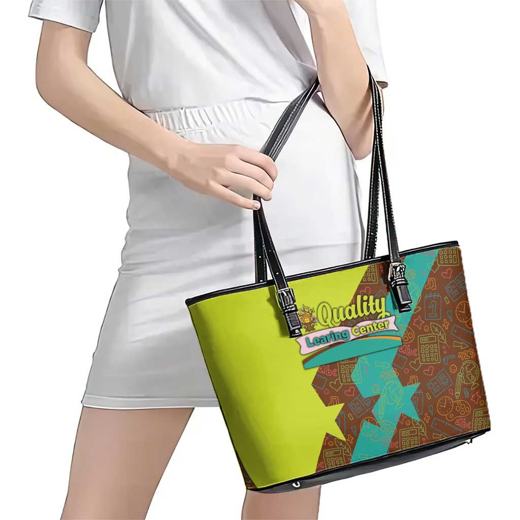 Quality Learning Center Leather Tote Bag with School Supply Doodle Pattern