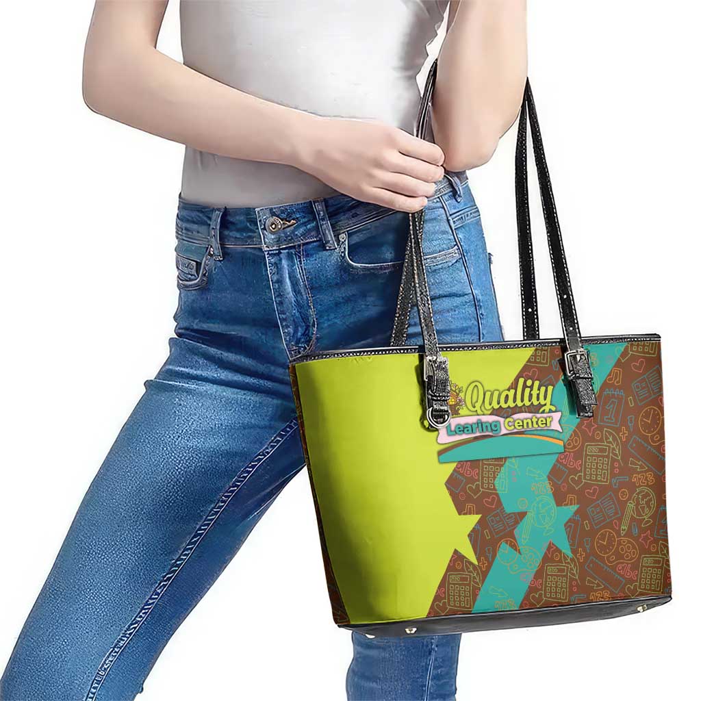 Quality Learning Center Leather Tote Bag with School Supply Doodle Pattern