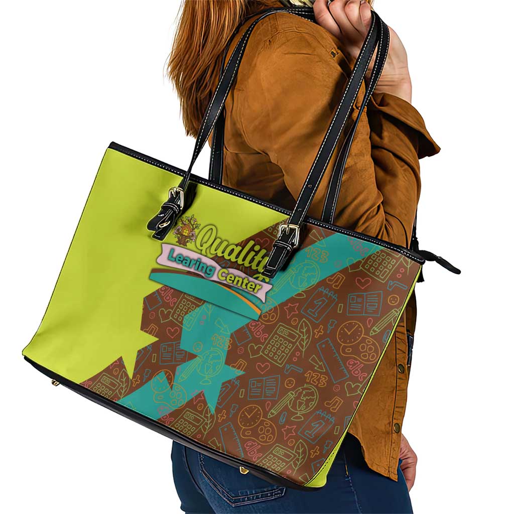 Quality Learning Center Leather Tote Bag with School Supply Doodle Pattern