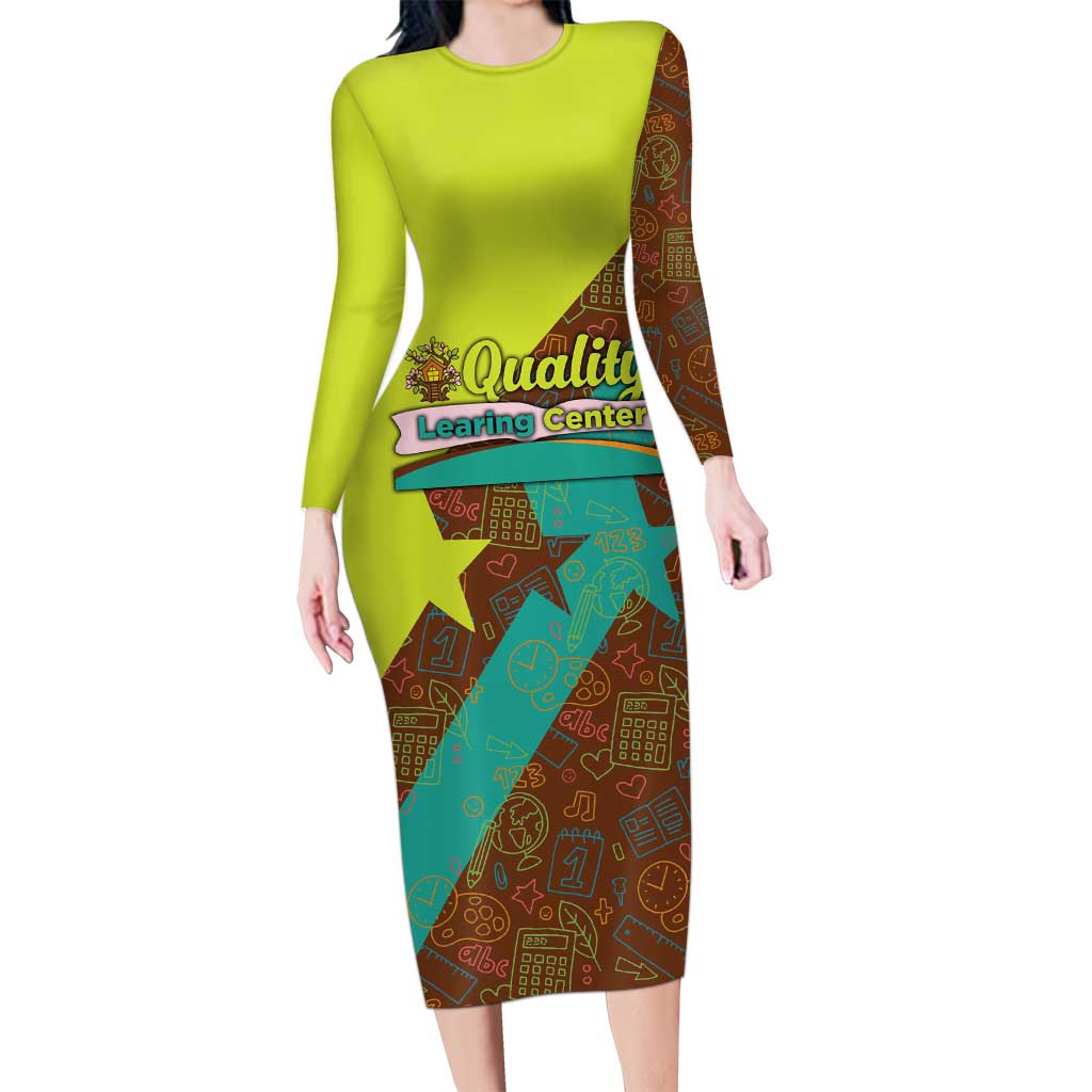 Quality Learning Center Long Sleeve Bodycon Dress with School Supply Doodle Pattern