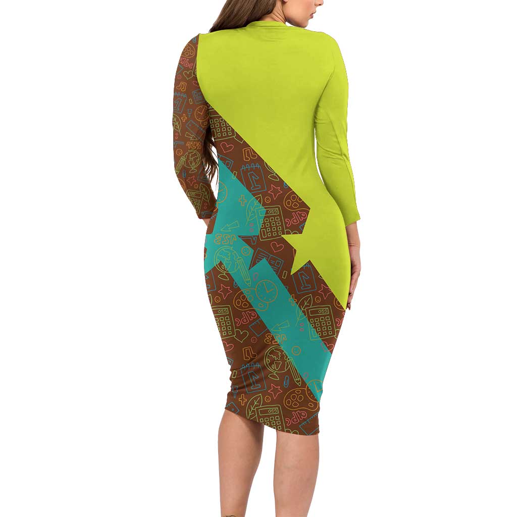 Quality Learning Center Long Sleeve Bodycon Dress with School Supply Doodle Pattern