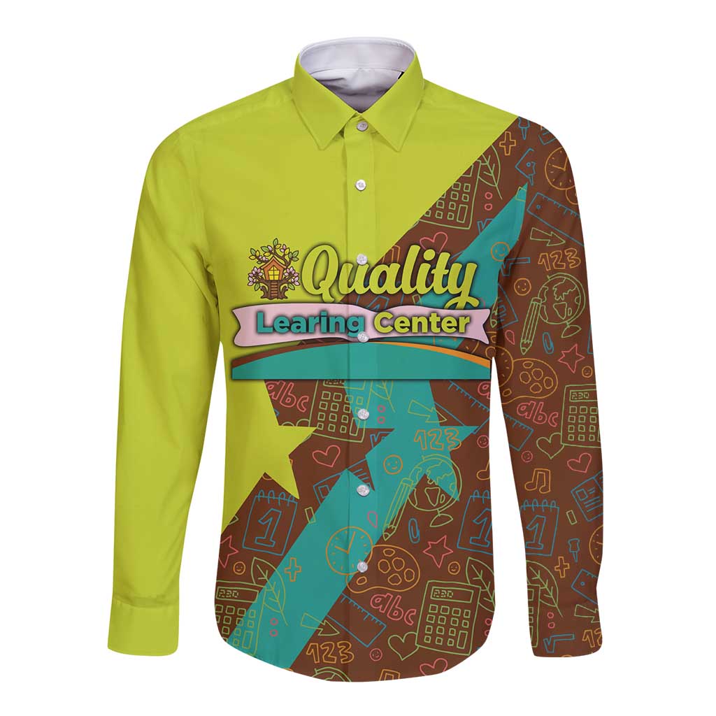 Quality Learning Center Long Sleeve Button Shirt with School Supply Doodle Pattern