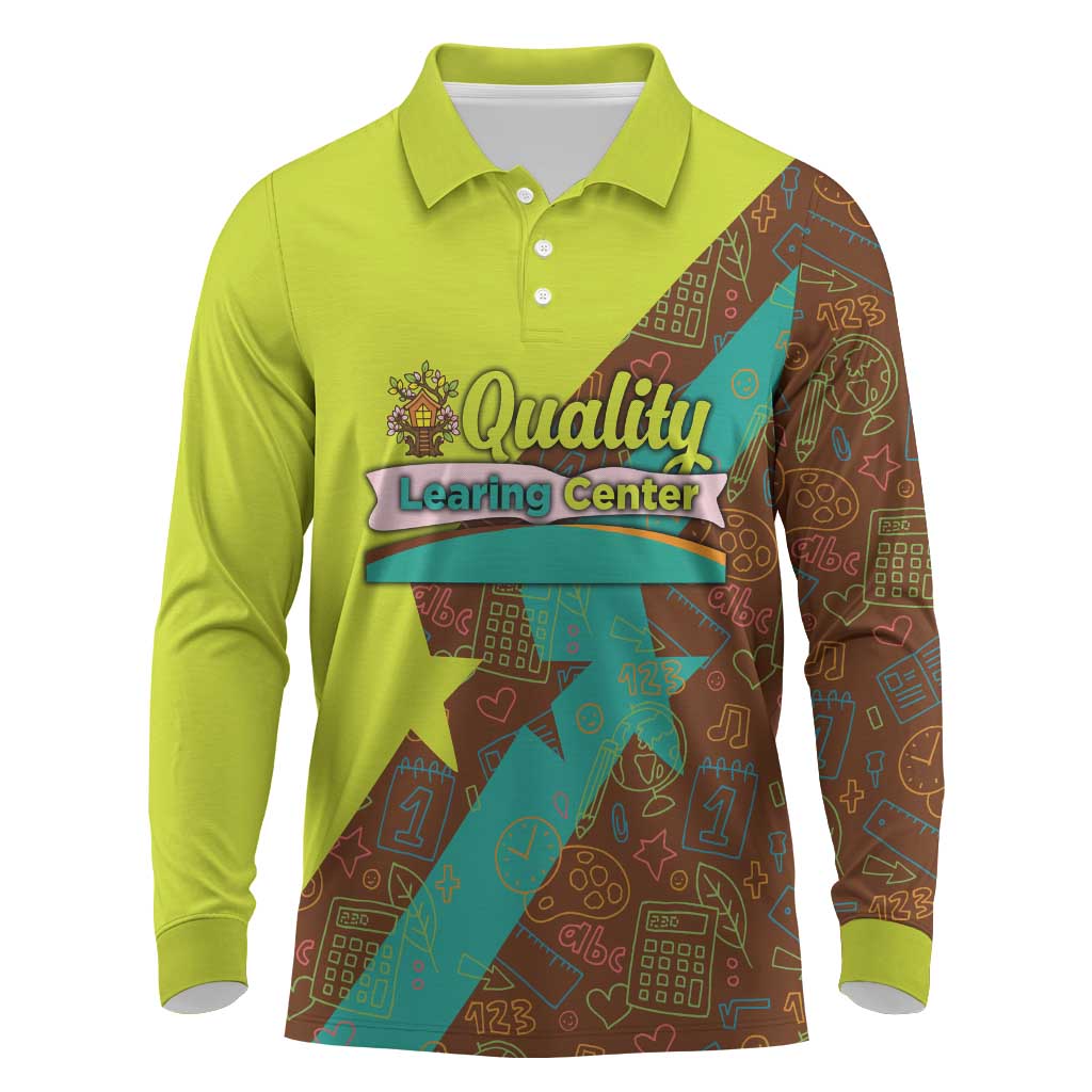 Quality Learning Center Long Sleeve Polo Shirt with School Supply Doodle Pattern