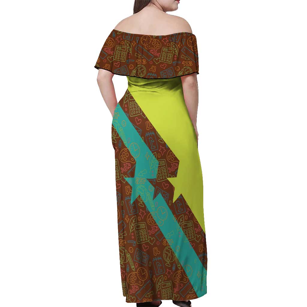 Quality Learning Center Off Shoulder Maxi Dress with School Supply Doodle Pattern