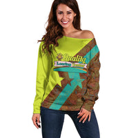 Quality Learning Center Off Shoulder Sweater with School Supply Doodle Pattern