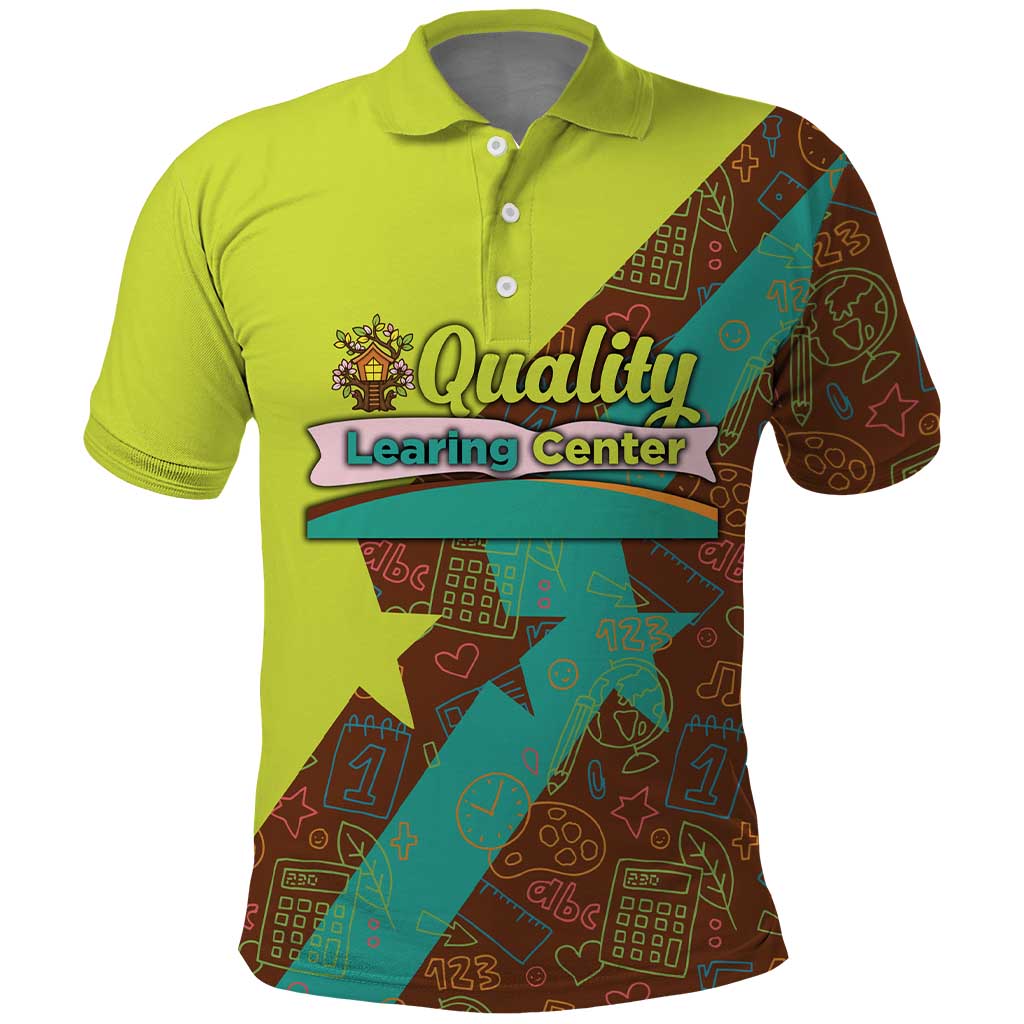 Quality Learning Center Polo Shirt with School Supply Doodle Pattern