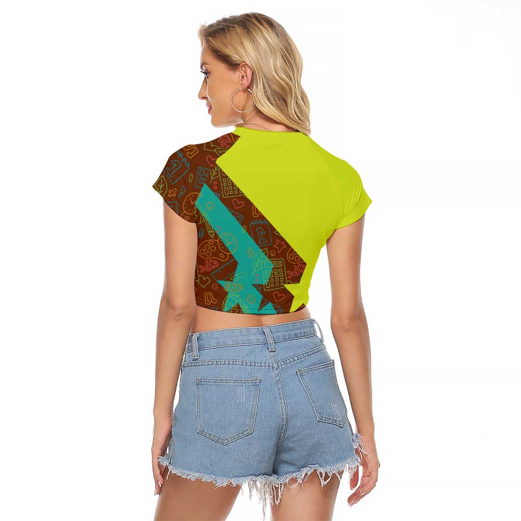 Quality Learning Center Raglan Cropped T Shirt with School Supply Doodle Pattern