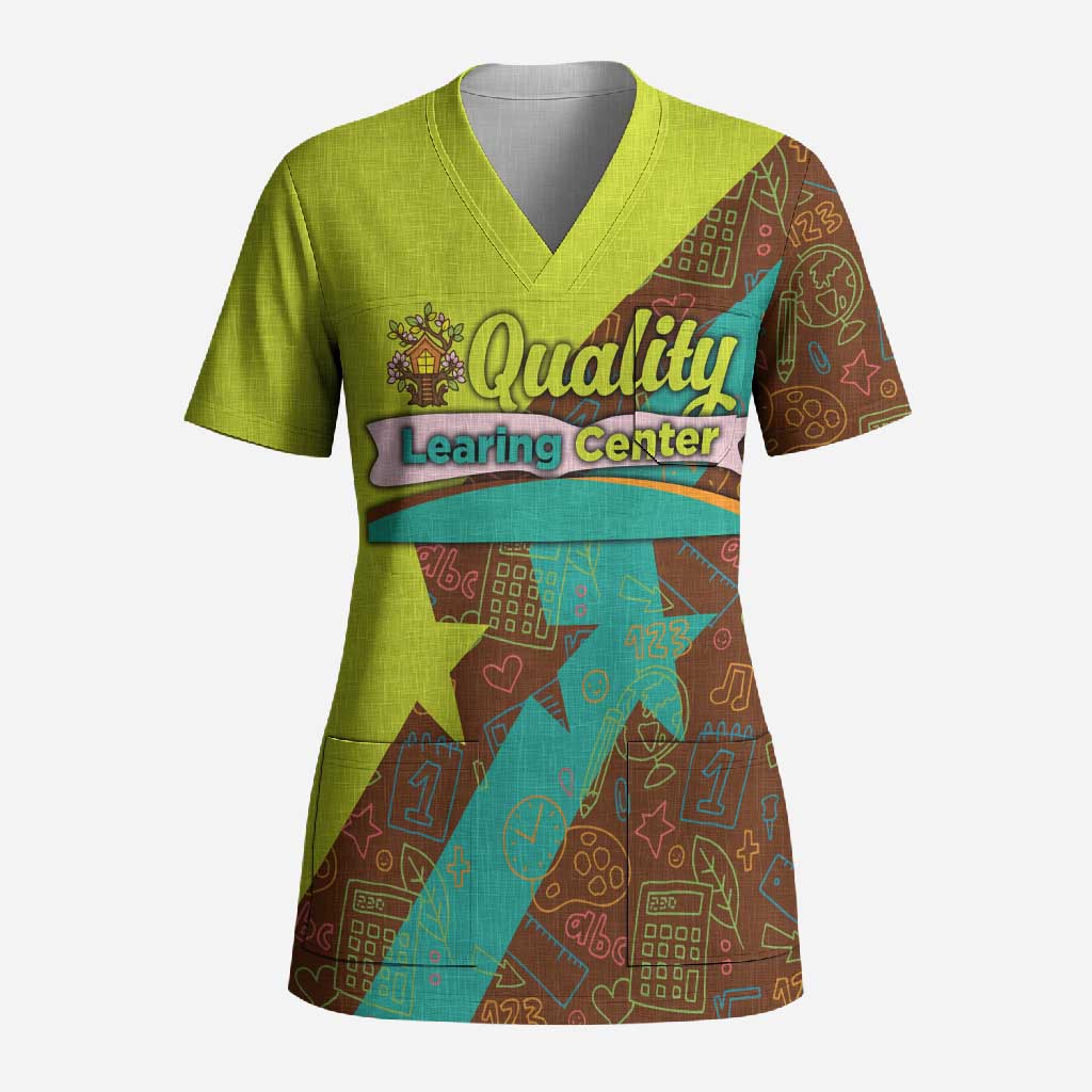 Quality Learning Center Scrub Top with School Supply Doodle Pattern