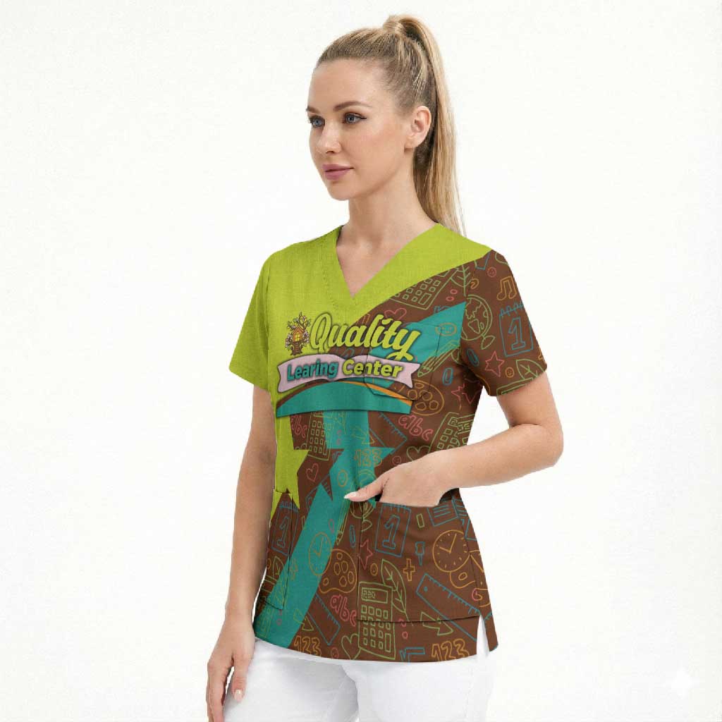 Quality Learning Center Scrub Top with School Supply Doodle Pattern